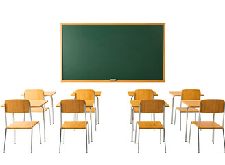 Empty classroom with rows of desks and chairs facing a green chalkboard isolated on transparent background