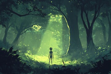 Obraz premium Solitary Alien Silhouette Under Forest Canopy Glowing with Light, Fantasy SciFi