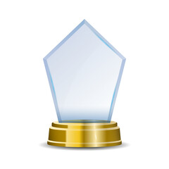 Acrylic glass awards and champion trophies. Elegant crystal prize elements on transparent background for sport winners, competitions, and leadership achievements.