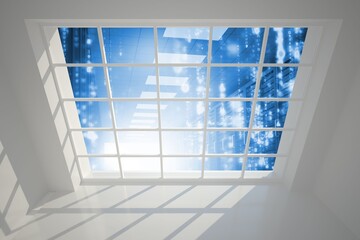 Server hallway seen through window