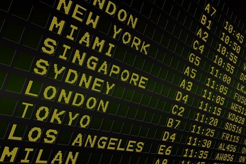 Black airport departures board with yellow text