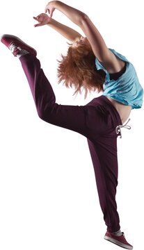 Fototapeta Teenage dancer is high-kicking in flat design with tank top, pants, sneakers on white backdrop