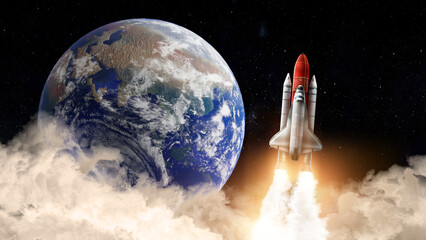 Rocket in space on orbit of planet, banner design