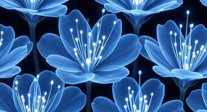 Luminous Blue Flowers with Glowing Stamens on Black Background floral nature
