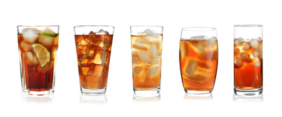 Iced tea. Different types of drinks in glasses isolated on white, set