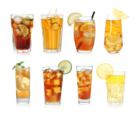 Iced tea. Different types of drinks in glasses isolated on white, set