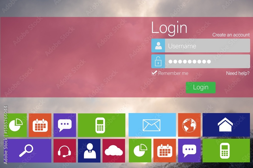 Poster digitally generated image of login window with text and various icons