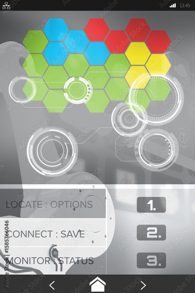 Fototapete composite image of hexagon shapes with text on screen