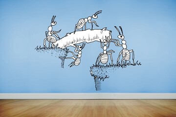 Working ants on blue wall