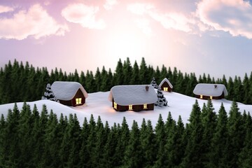Snow covered village in forest