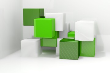 Glossy translucent green and white cubes are floating in 3D white studio space with stripes