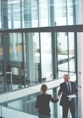 Smiling mature caucasian businessman shaking hands with female colleague in modern office