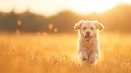 Happy Golden Retriever Running in Golden Field at Sunset