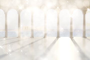 Twinkling lights over balcony with columns
