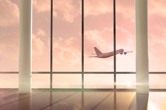 Fototapeta Airplane flying past window at sunrise