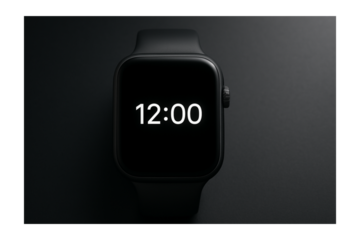 Minimalist smart watch showing 12:00 – black modern wearable on dark background
