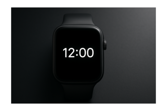 Minimalist smart watch showing 12:00 – black modern wearable on dark background