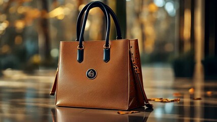 Elegant leather handbag presentation with sophisticated details and autumn ambiance showcasing - Powered by Adobe