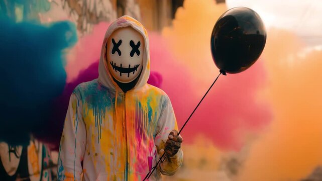Person in creepy smiley hoodie mask holding black balloon with colorful smoke background, surreal anonymous character concept in urban street art style