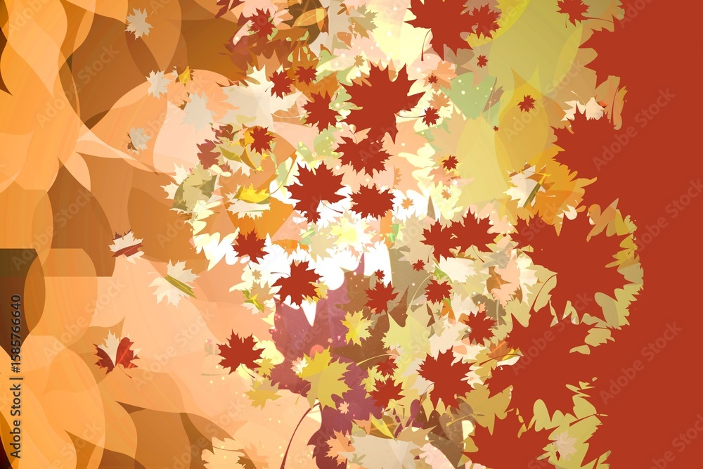 Poster flat design showing overlapping maple leaves drifting through warm autumn bokeh gradients