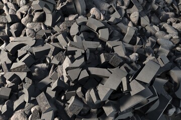 Heap of broken concrete chunks and rocks is being shown in flat design, featuring ring sections