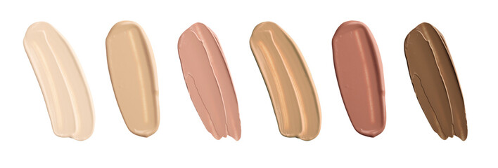 Skin foundation palette isolated on white, top view. Cosmetic samples of different colors