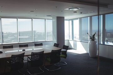 Empty chairs and table in boardroom