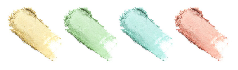 Eyeshadow palette isolated on white, top view. Cosmetic samples of different colors