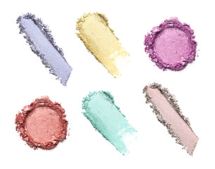 Eyeshadow palette isolated on white, top view. Cosmetic samples of different colors