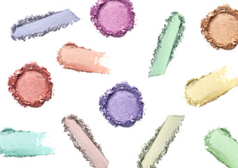 Eyeshadow palette isolated on white, top view. Cosmetic samples of different colors
