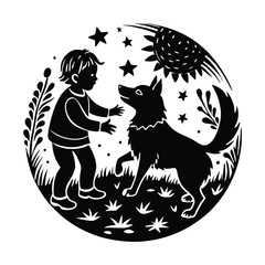 Heartwarming Silhouette of a Dog and Child Playing Together – Joyful Pet Friendship Scene in Nature, Perfect for Family, Animal, and Emotional Art Designs