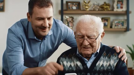 Caring adult son patiently shows his senior father how to use a smartphone in a cozy living room - Powered by Adobe