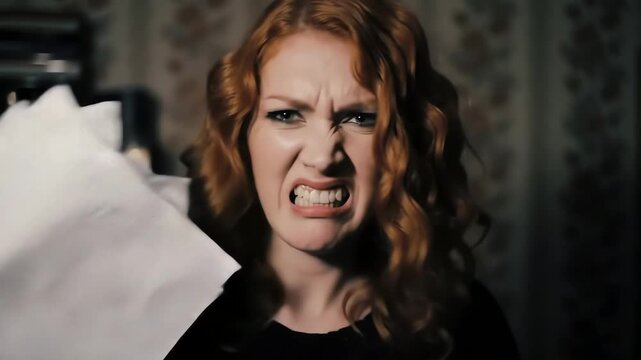 A furious woman with red hair showing intense rage and baring her teeth while crumpling paper