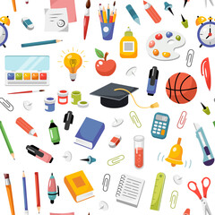 Back to school seamless pattern. Back to school concept. Cartoon vector illustration. School elements texture. Study textile design