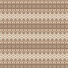 epeating horizontal pattern with symmetrical abstract and geometric motifs in varying shades of brown and beige