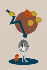 Pop art image collage of inexperienced businesswoman businessman stand arrow decline dollar loss...