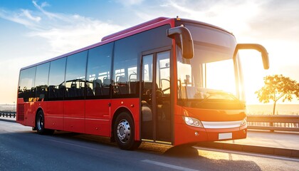 Red bus on highway at sunset