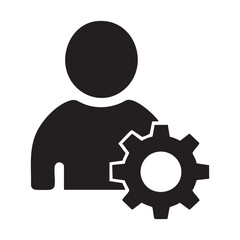 Solid black user with gear icon on white background representing account settings, profile management, user preferences, and system configuration