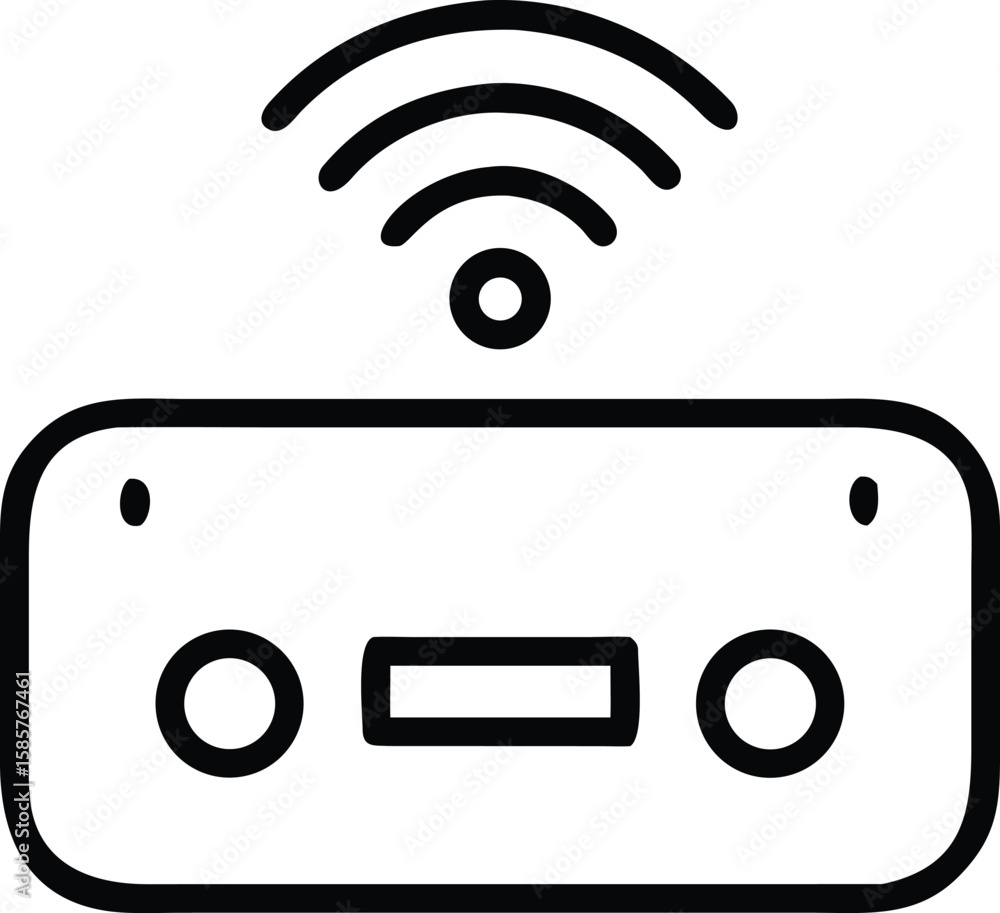 Poster minimalist smart speaker device line icon broadcasting wireless signal and voice assistant technolog
