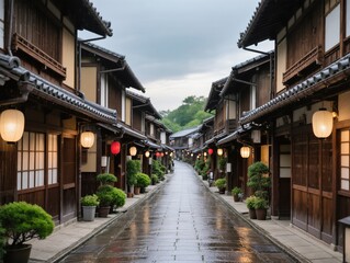 Traditional Japanese Street with Wooden Houses and Lanterns on a Rainy Day