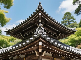 Fototapeta premium Traditional Japanese Temple Roof Among Verdant Trees and Clear Blue Sky