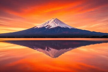 Fototapeta premium Majestic mount fuji reflects in fiery sunset waters