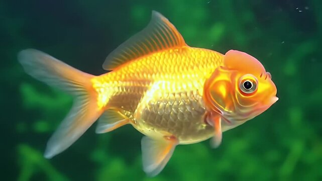 Vibrant Oranda Goldfish with Prominent Head Growth Swimming in Clear Aquarium Water Against a Blurred Green Background