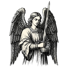 Detailed Angel Illustration Holding Sword with Large Feathered Wings.