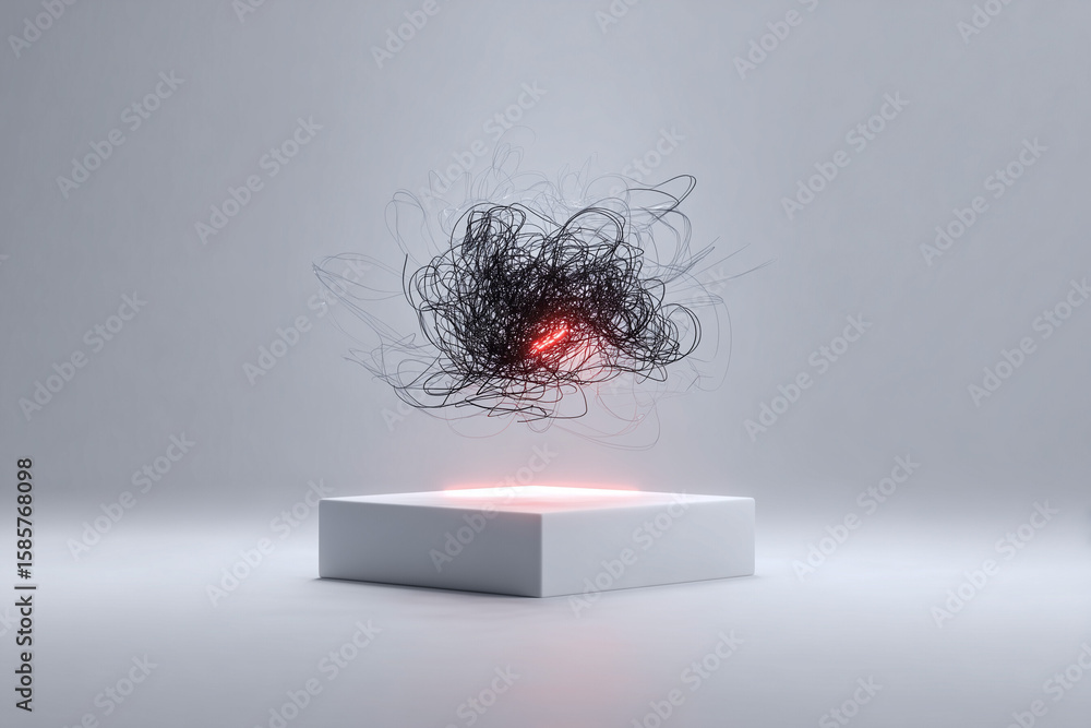 Poster an abstract tangled mass of dark wires or lines with a glowing red core, hovering above a minimalist