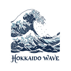 Hokkaid Wave Stylized Blue Ink Wave Print Dramatic Crest Detailed Foam Mountain Silhouette.