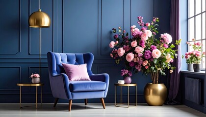 Stylish Home Interior with Blue Velvet Armchair and Flowers