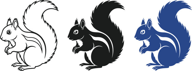 Three squirrel illustrations in white, black, and blue with a bird icon. © Zelish