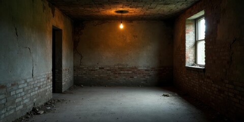 A single lightbulb illuminates a desolate, forgotten room with aged brick walls and a lone window