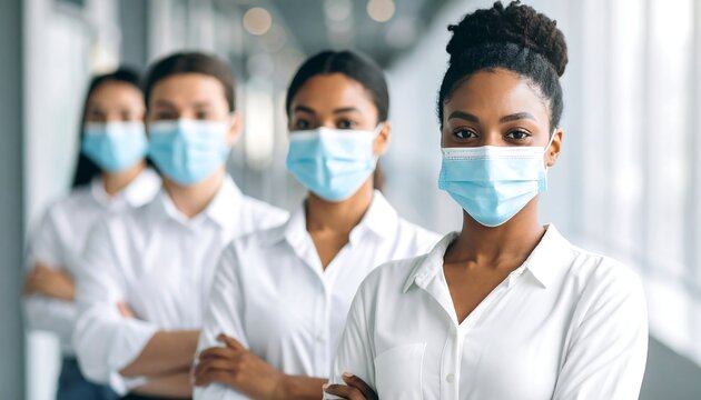 Diverse group in masks, business setting